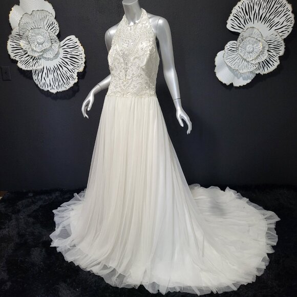 NWT~$1750~SOPHIA TOLLI~12~IVORY BEADED LACE FIT & FLARE HALTER WEDDING DRESS - Picture 10 of 16